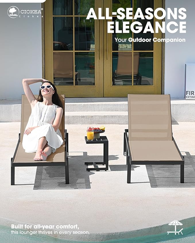 Pool Chaise Lounge Chair Set of 4, Outdoor Lounge Chairs with Wheels, 5-Position Adjustable Sun Loungers for Outside, Deck, Beach, Khaki