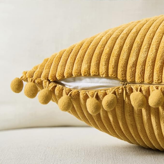 Fancy Homi 2 Pack Mustard Yellow Lumbar Decorative Throw Pillow Covers 12x20 Inch with Pom-poms for Living Room Couch Bedroom, Soft Corduroy Solid Cushion Case 30x50 cm, Rustic Farmhouse Home Decor