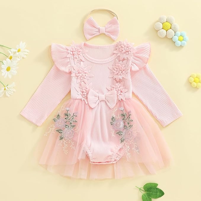 Giraropa Baby Girl Fall Winter Clothes Long Sleeve Romper Dress + Socks + Headband Newborn Infant Cute Casual Outfits