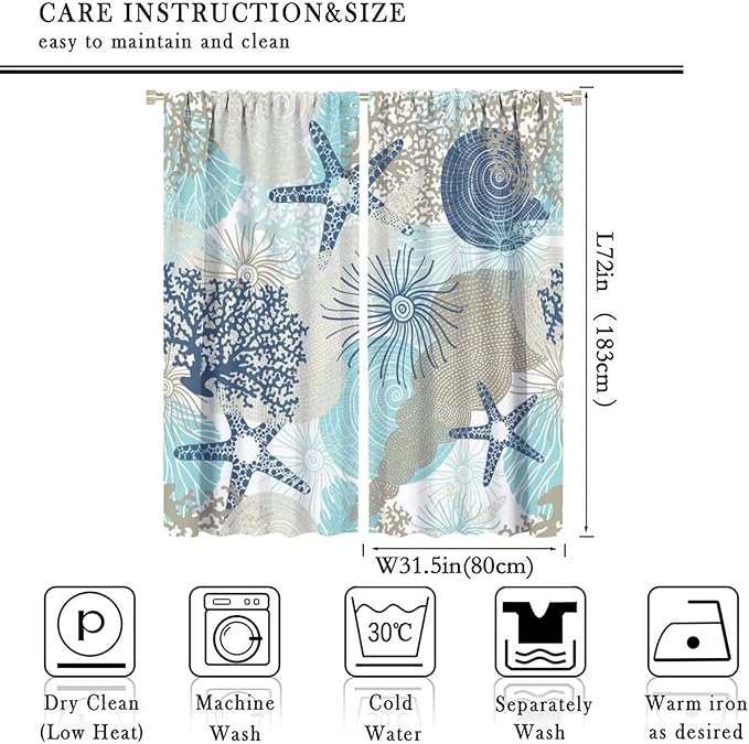 Coastal Curtains Ocean Beach Themed Room Darkening Window Curtain Nautical Coral Blackout Curtain for Bedroom Living Room Bathroom Nursery Set 2 Panels,63x72 Inches