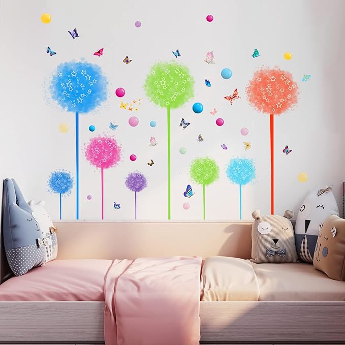 2 Set Dandelion Wildflower Wall Decals Art, Wall Art Stickers Peel and Stick Floral Butterflies Flying Decor for Girls Kids Women Baby Nursery Room Bedroom Bathroom Sofa Backdrop TV(Colorful)