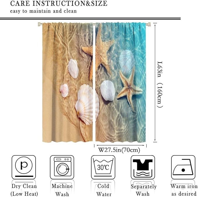 Beach Curtain for Bathroom Decor，Sea Turtle Starfish Seashell Nautical Ocean Coastal Scenery Art Printed Fabric Polyester Waterproof Set 2 Panels,55x63 Inches