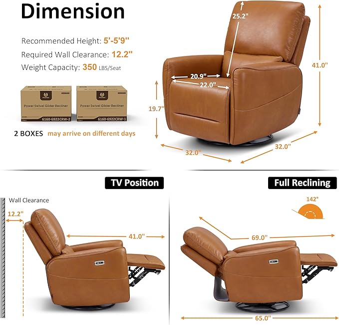 MCombo Power Swivel Rocker Recliner with Lumbar Support, Faux Leather Electric Nursery Glider Recliner Chair for Living Room, 6922 (Orange)