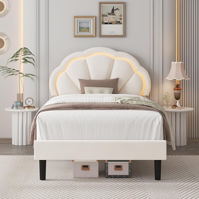 HIFIT Twin Upholstered Smart LED Bed Frame with Adjustable Chic Petal Headboard, Princess Twin Size Platform Bed Frames for Kids/Girls, Wooden Slats Support, No Box Spring Needed, Easy Assembly, Beige