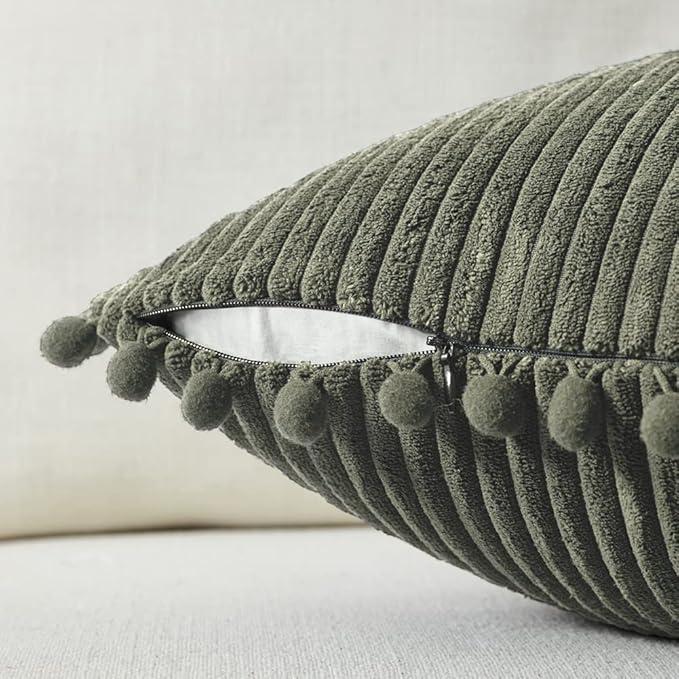 Fancy Homi Pack of 2 Olive Green Decorative Throw Pillow Covers 26x16 Inch with Pom-poms for Couch Bed Living Room, Soft Corduroy Solid Square Cushion Case 66x66 cm, Farmhouse Boho Home Décor