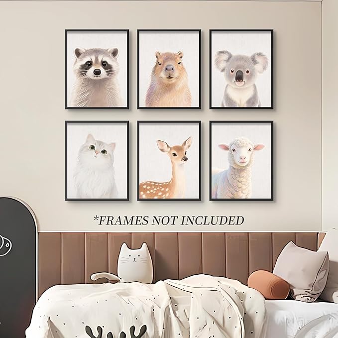 Baby Safari Nursery Wall Decor - Picture Cute Animal Wall Prints on Canvas, Under 20 Dollars Gifts for Baby Boys & Girls Room, UNFRAMED Wall Art Set of 6-12" x 16"