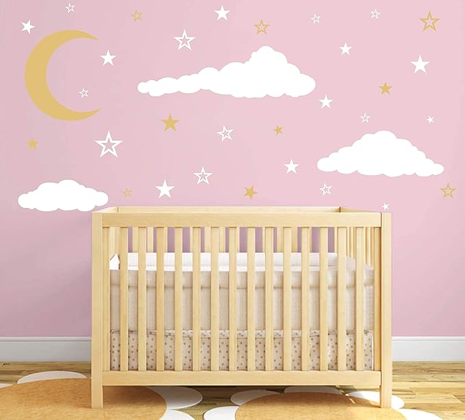 GESTYZ Vinyl Wall Stickers, Stars and Clouds Decal, White, Gold, for Nursery, Bedroom, Kids Room Wall Decoration