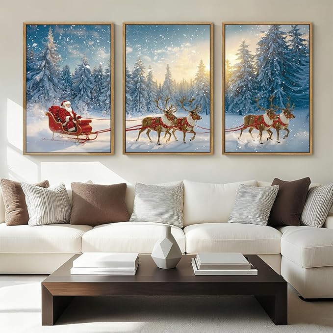 Framed Christmas Wall Art Santa Claus Wall Art Santa Winter Artwork for Living Room Bedroom Dining Room 16x24 Inches Set of 3