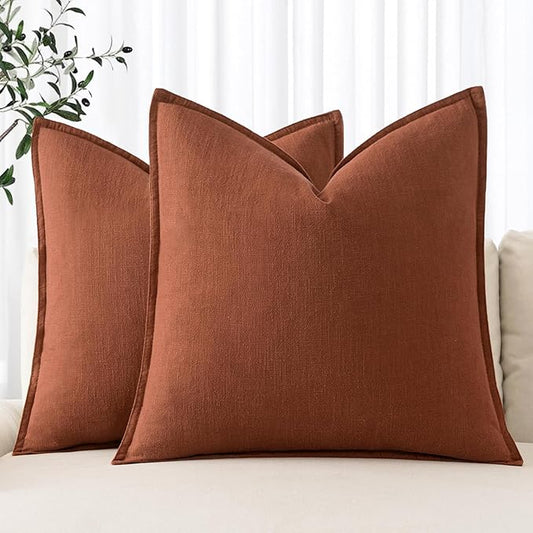 MIULEE Decorative Linen Pillow Covers 16x16 Inch Rust Boho Farmhouse Neutral Couch Throw Pillows for Bed Pack of 2 Accent Modern Pillowcase Summer Sofa Livingroom Home Decor
