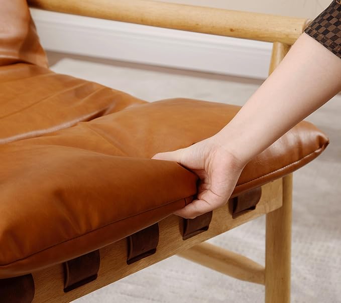 Faux Leather Accent Chair Set of 2 Mid Century Modern Living Room Chairs Comfy Arm Chair with Solid Wood Frame Upholstered Lounge Reading Chair Cozy Recliner for Bedroom/Guest Room, Brown