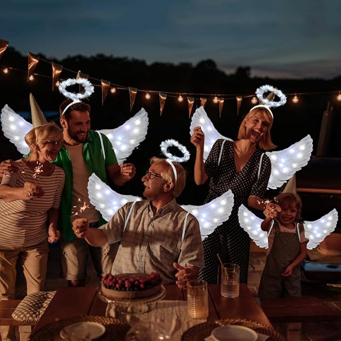 Angel Wings, Light Up Angel Wings and Halo with LED Lights, White Angel Wings Costume for Adult Women Kids Halloween Xmas
