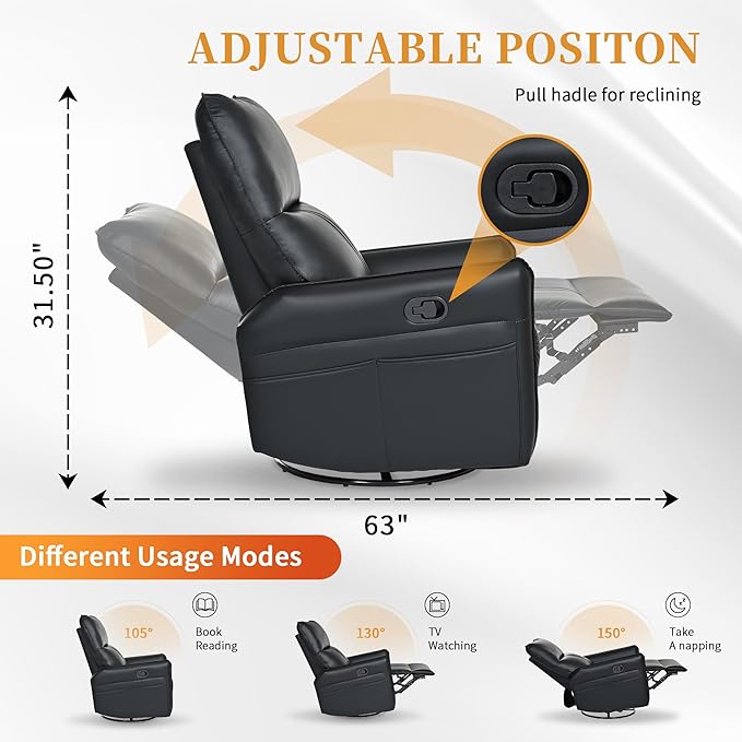 Swivel Rocker Recliner Chair, Upholstered 360° Fabric Leather Glider Rocker Chair for Nursery, Manual Small Recliners for Small Spaces Living Room Weight Capacity 300lbs
