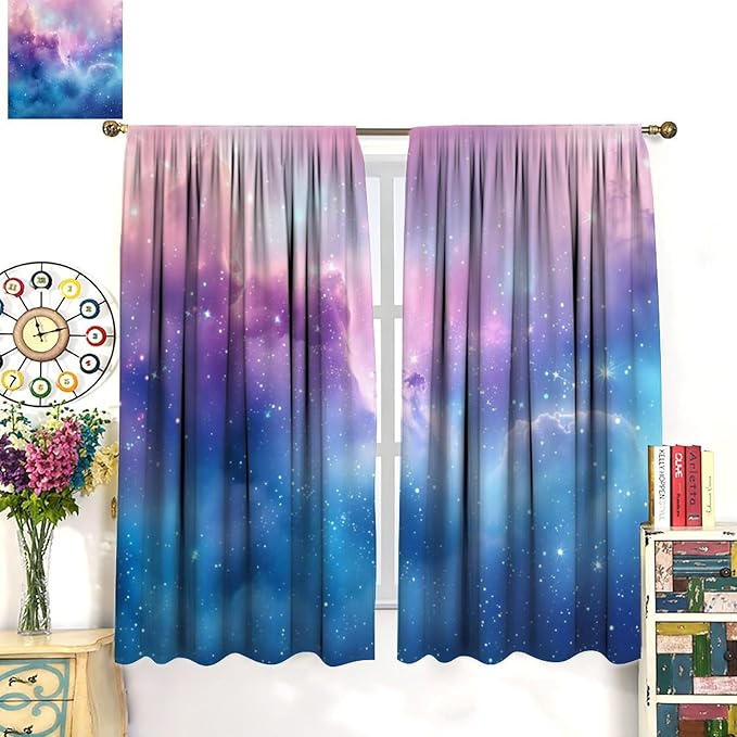 Starry Sky Galaxy Curtains, Outer Space Glitter Dreamy Gradient Romantic Blackout Window Curtains Drapes for Kids Girls Boys Adults Bedroom Nursery 84" W X 84" L