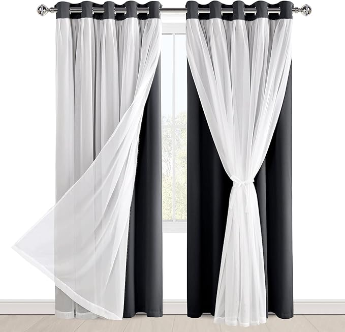 Hiasan Black Blackout Curtains with Sheer Overlay, Grommet Thermal Insulated Mix & Match Double Layer Window Curtains for Bedroom, Living Room, 2 Drape Panels Sewn with Tiebacks, 60W X 84L