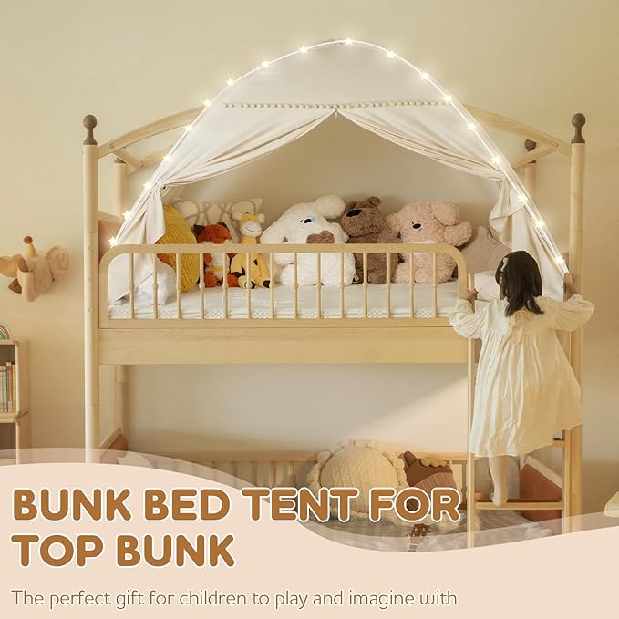 Twin Bunk Bed Tent Canopy for Playhouse, Indoor Portable Foldable Privacy Shelter with Breathable Starry Canopy for Girls & Boys Bedrooms (Twin Beige)