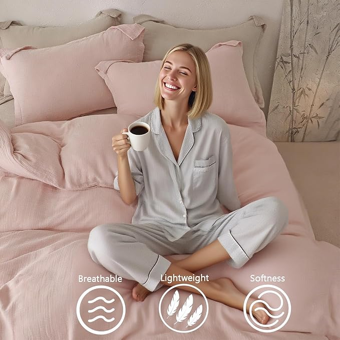 MorroMorn Muslin Duvet Cover King Size, Ultra Soft 100% Cotton Comforter Cover Set, 3 Pieces 2-Layer Gauze Duvet Cover with 2 Pillowcases, Breathable Lightweight Linen Like, 90"x104", Pink