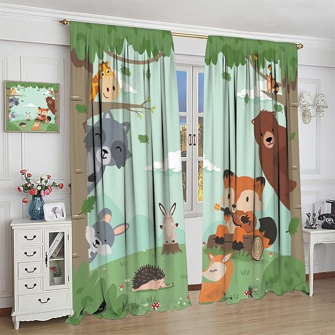 Forest Animals Curtains Colorful Forest Cartoon Cute Fox Bear Giraffe for Kids Boys Girls Nursery Bedroom Living Room Blackout Rod Pocket Decoration Window Drapes 2 Panels W21xL45in
