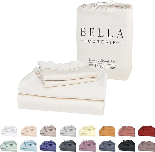 Bella Coterie Luxury Bamboo Viscose Queen Size Sheet Set | 100% Organically Grown | Ultra Soft | Cooling for Hot Sleepers | 18" Deep Pocket [Ivory]