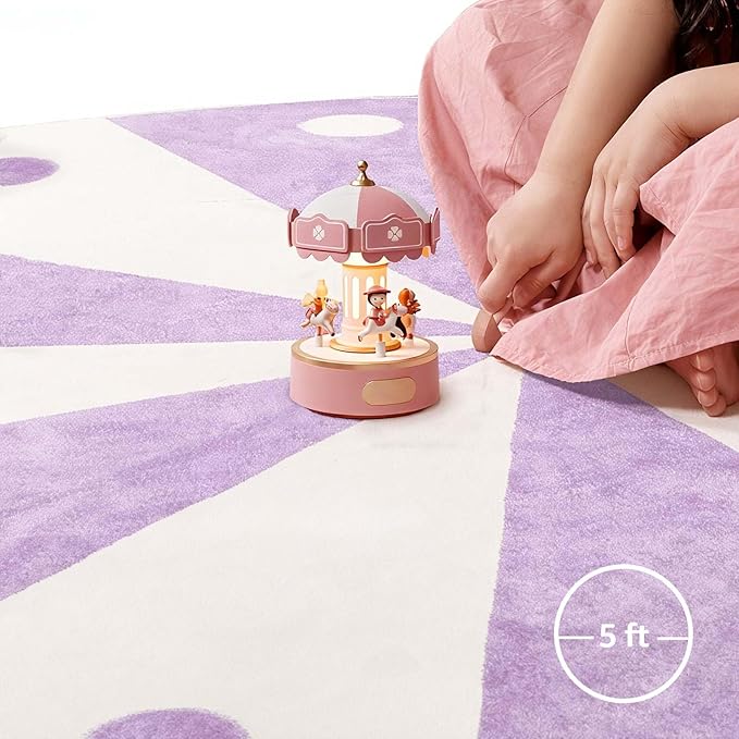 jinchan 5ft Round Rug Lilac Purple Washable Fun Cute Playroom Mat Non Slip Cheerful Circle Cool Rug Soft Cozy Low-Profile Playful Carousel Throw Carpet for Kids Gift Teens Dorm Entryway Bedroom