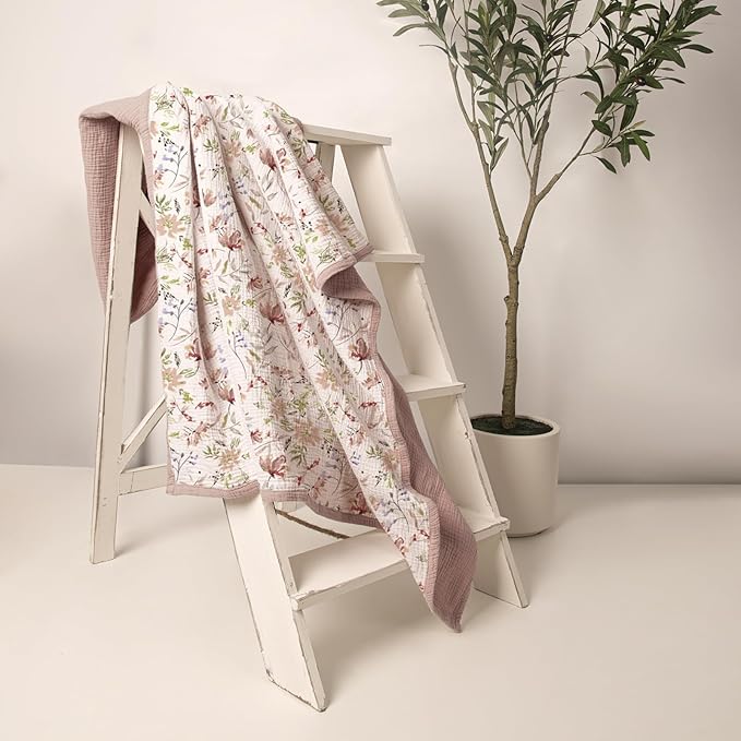 lulumoon Muslin Baby Blanket for Girl: Floral Cotton Toddler Blanket - Soft Lightweight for Nursery & Daycare 47"× 47"(Pink Flower)