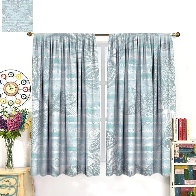 Starfish Curtains，Starfish and Seashells Coastal Curtain Ocean Themed Underwater Marine Decor Waterproof Fabric Curtain Set 2 Panels,55x63 Inches