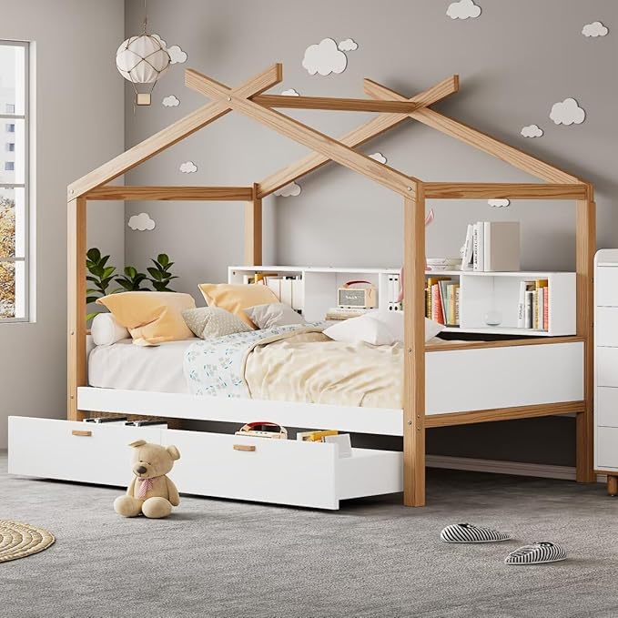 Full Size Wooden House Bed with Two Drawers and Bookshelf Storage Space, Original Wood Colored Frame with Roof and Slats Support for Kids Teens Girls Boys Bedroom (White+Drawers, Full)