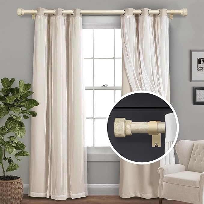 2 Pack White Oak Wood Grain Curtain Rods for Windows 48 to 84 Inches 1" Diameter Boho Decorative Heavy Duty Window Curtain Rod Adjustable with Solid Finials for Living Room Bedroom Kitchen Farmhouse