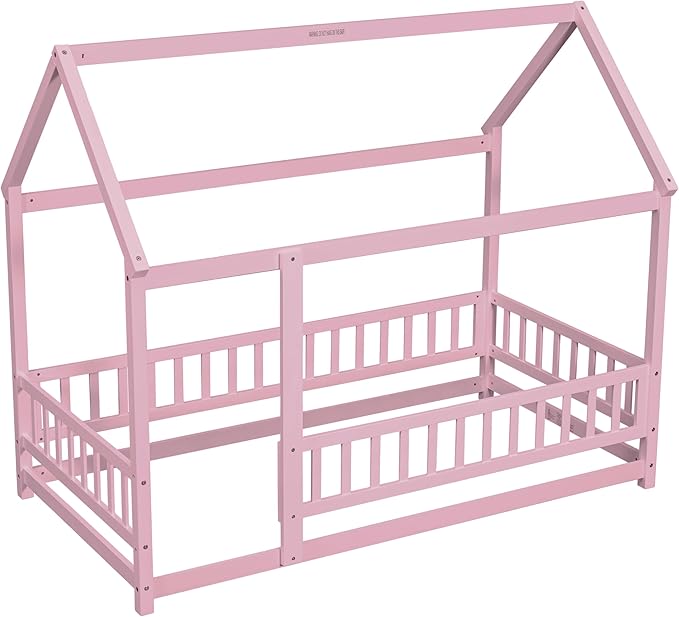 Twin Size House Bed Frame for Kids,Wooden Montessori Floor Bed with Fence and Roof,Floor Bed Frame Twin Size for Girls,Boys(Twin,Pink)