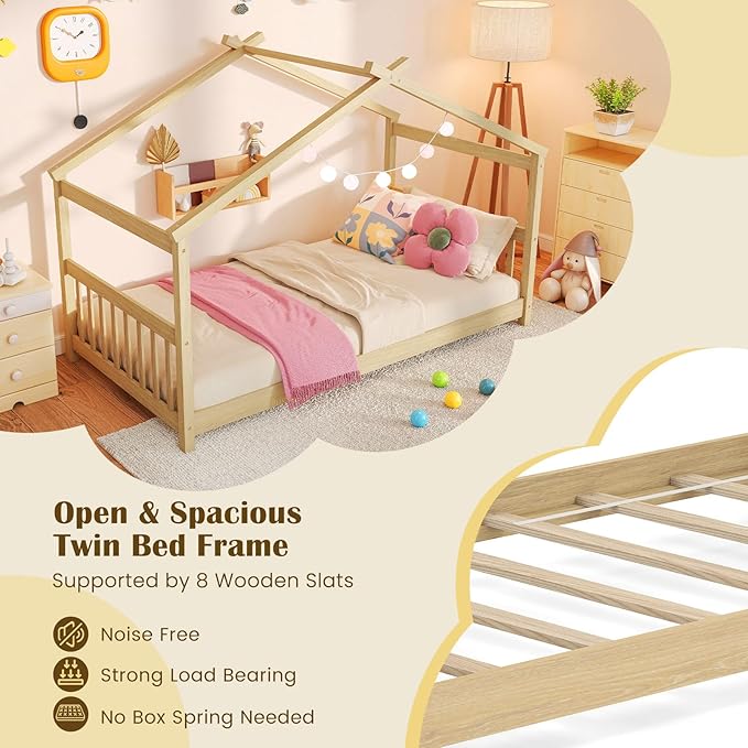 Giantex House Bed Twin, Solid Wood Kids House Bed with Roof, Headboard and Footboard, Low Floor Twin Bed Frame for Kids Teens Girls Boys, No Box Spring Needed, Natrual