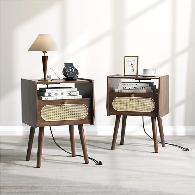 Nightstand Set of 2, Rattan Night Stands with Charging Station, Mid Century Modern Bedside Table with Drawer, Boho Dark Brown End Table with Storage, Wood Side Table for Bedroom, Dark Walnut