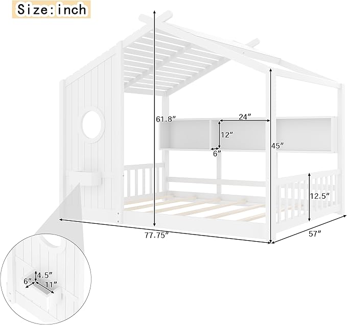 Merax House Floor Bed Full Size for Kids, Full House Shaped Bed Frame with Storage Shelves, Full Size Low Montessori Bed with Roof for Boys Girls, Wood Slats Support, White