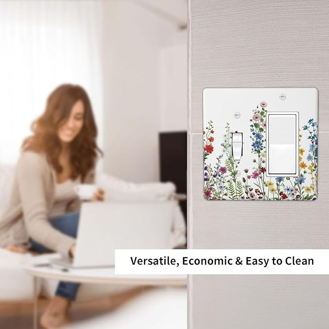 Outlet Covers Colorful Wildflowers Plants Flowers on White Background 2 Gang Combo Light Switch Cover Plate Toggle Rocker Socket Covers Decorative Switch Plates and Outlet Cover