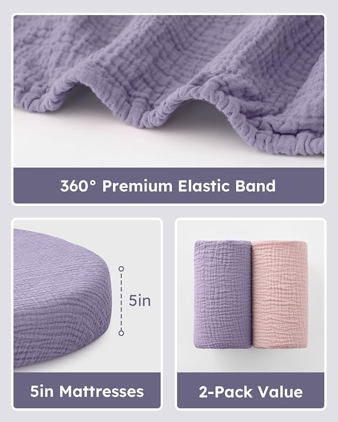 Muslin Bassinet Sheets Boy Girl, 100% Cotton Fitted Bassinet Sheet Set 2 Pack Bassinet Mattress Sheets Universal Fit for Rectangle, Round, Oval, Hourglass Mattress, Soft Breathable