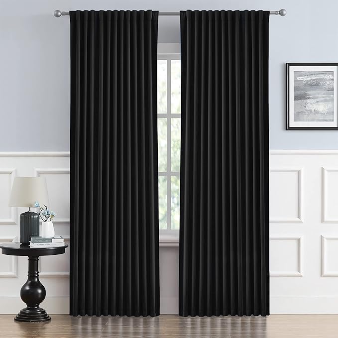 DUALIFE Black Curtains for Sliding Glass Door, Pinch Pleated for Track System Blackout Temporary Curtain for Windows Room Divider Patio Door Back Tab Loop Pocket, 2 Panels, W70 x L84