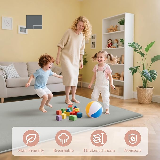 PapaMama Ultra Soft Baby Play Mat for Floor, 1.3" Thick Memory Foam 50x50 Playpen Mat with Non-Slip Backing, Coral Velvet Child Nursery Rug, Tummy Time & Crawling & Yoga Mat for Infant, Toddlers, Kids