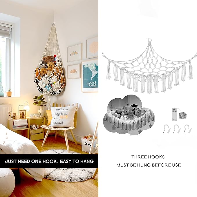Novel Stuffed Animal Hammock Corner Hanging Net for Stuff Aniaml Storage Macrame Toy Display Plush Toy Holder-Perfect for The Tiny Space Walls (cream, XXL)