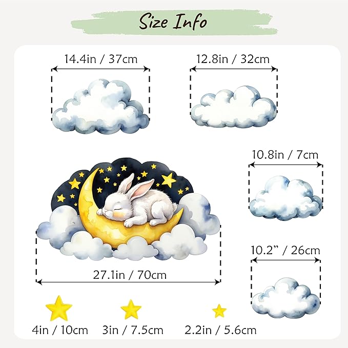 Boho Nursery Wall Decals - Dreamy Watercolor Bunny Sleeping on Cloud | Multi-Piece Set with Clouds, Moon & Stars | Removable Fabric Wall Art for Kids Room
