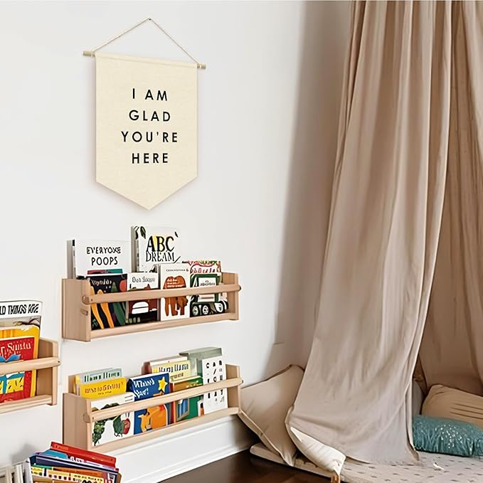 I Am Glad You're Here Canvas Banner Flag - Inspirational Wall Decor for Kids Nursery, Toddler Reading Corner Nook Classroom Library, Wall Hanging Pennant Flag 15x11in