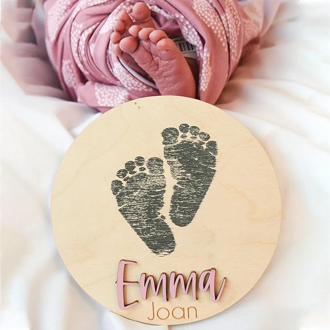 NAZENTI Personalized Baby Name Announcement Wooden Signs, Custom Birth Announcement And Footprint Sign For Hospital, Baby's Arrival Gift, Welcome Sign For Room Decor, Gifts For Baby Girl Or Boy Shower