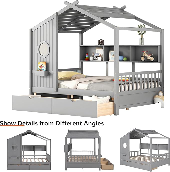 Full Size Bed Frames for Kids, House Bed with Window and Fence, Wood Platform Bed Frame with Drawers and Shelves, Playhouse Bed for Boys Girls, Gray, 78" L x 58" W x 72" H