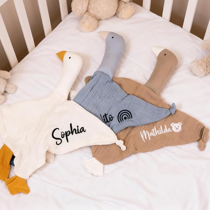 Personalization Baby Lovey Blanket,Organic Cotton Muslin Security Blanket with Cute Goose Design | Hypoallergenic Newborn Gift for Christening, Baby Shower & Nursery Essentials