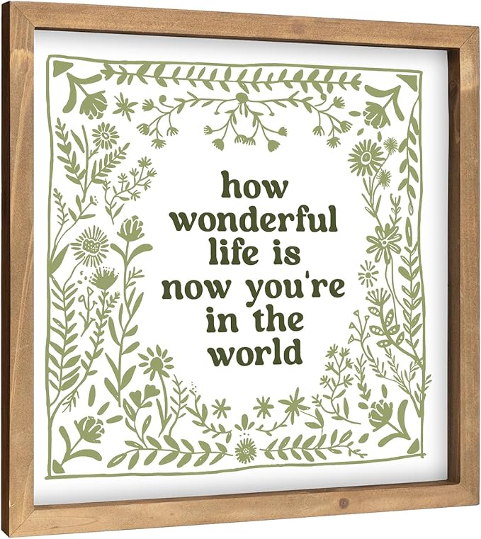 pechpell 11.8 Inch Nursery Wall Decor, Green Wooden How Wonderful Life Is Now You're In The World Sign, Boho Vintage Baby Girl Woodland Nursery Art Kids Room Playroom Table Shelf Decorations for Home