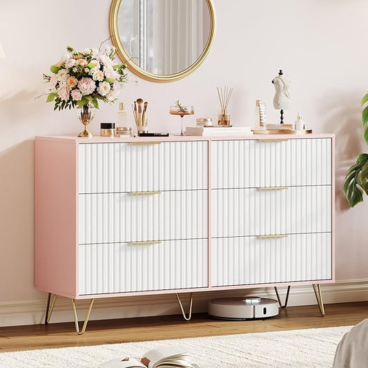 Garvee Fluted Dresser for Bedroom with 6 Drawers,47" Wide Modern Chest of Wooden Bedroom Chest with Metal Handle,Clothes Storage Organizer,Closet Dresser & TV Stand for Living Room,Hallway,6&Pink