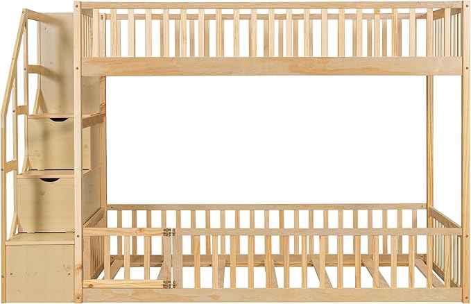 Twin Over Twin Floor Bunk Bed with Storage Staircase, Solid Wood Bunk Bed Frame with Full Length Fence-Shaped Guardrails for Kids Teens Adult Bedroom, Space Saving Design (Natural-Twin/Twin)