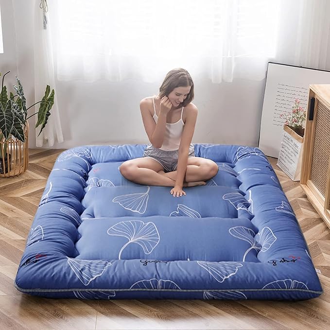 MAXYOYO Leaf Printed Japanese Futon Floor Mattress, Thicken Sleeping Pad Floor Bed Roll Up Camping Guest Mattress Folding Couch Bed, Full Size