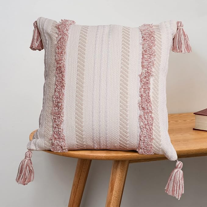 blue page Boho Tufted Square Pillow Cover 22 × 22 in – Neutral Pink | Woven Farmhouse Accent Decorative Throw Pillow Cover with Tassels & Invisible Zipper for Couch, Bed or Living Room