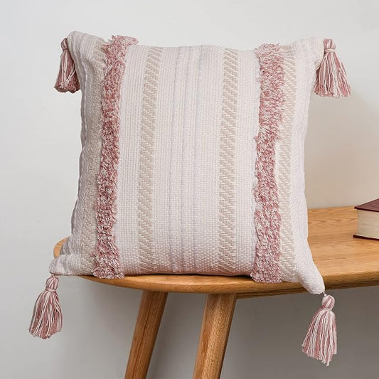 blue page Boho Tufted Square Pillow Cover 22 × 22 in – Neutral Pink | Woven Farmhouse Accent Decorative Throw Pillow Cover with Tassels & Invisible Zipper for Couch, Bed or Living Room
