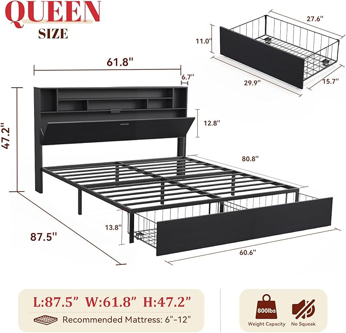 Queen Bed Frame with Large Headboard Storage, Bed Frames with 2 Under Bed Drawers, Built-in LED Lights Charging Station, Easy Assembly, Black
