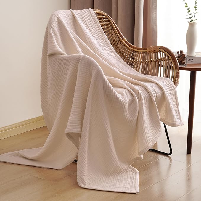 PHF 100% Cotton Muslin Blanket Twin XL Size 66"x90", 4-Layer Lightweight Gauze Throw, Breathable Cloud-Soft Minimalist Blanket for Bed, Couch, Camping & Baby, Dusty Pink, Ideal Gift