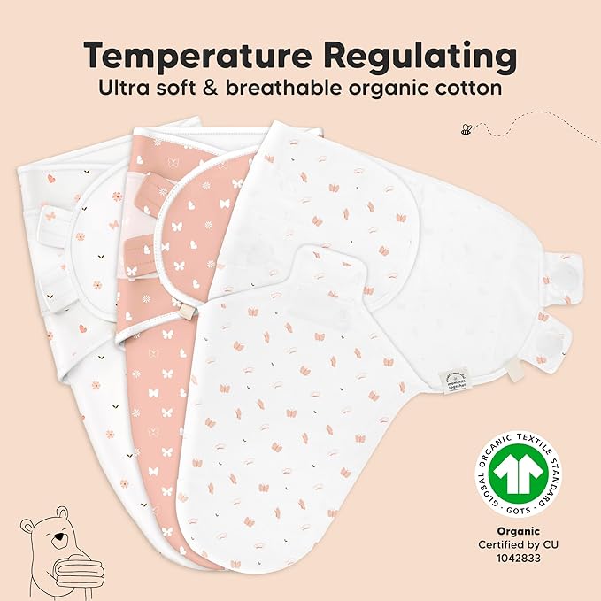 3-Pack Organic Baby Swaddle Sleep Sacks - Swaddles for Newborns, Infant 0-3 Months, Baby Girls, Boys, Soft & Snug Newborn Sleep Sack, Nursery Swaddling Blankets (Butterflies, XS)